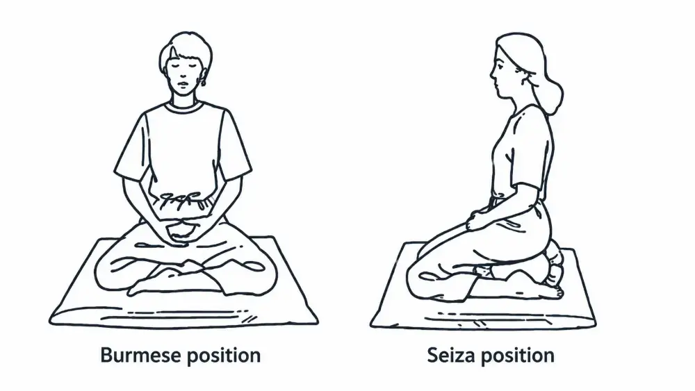 Illustrations of the Burmese position and Seiza position for zazen